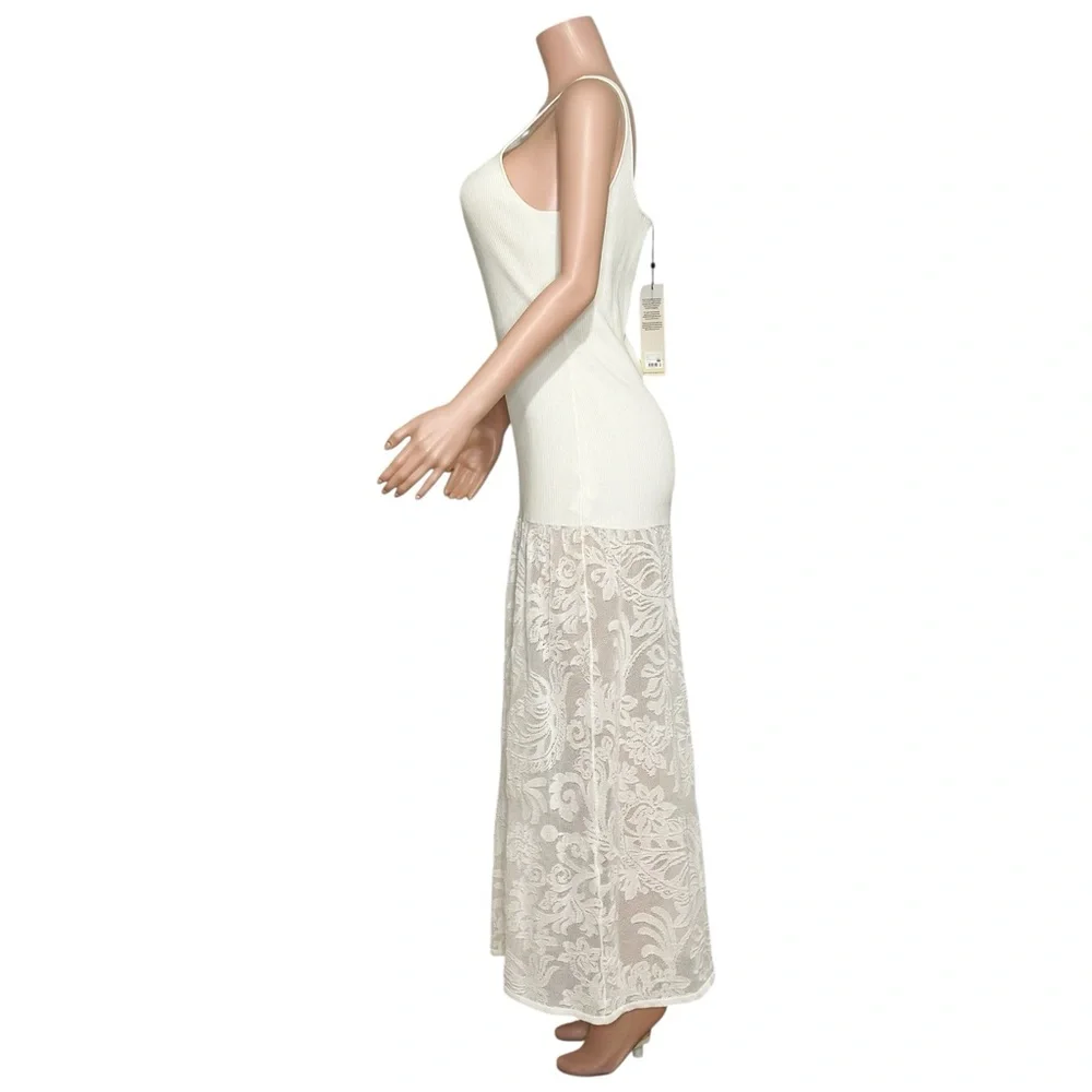 BEC & BRIDGE Rissa Ribbed Knit Dress W/ Mesh Lace Skirt, Ivory, Large - Picture 10 of 15